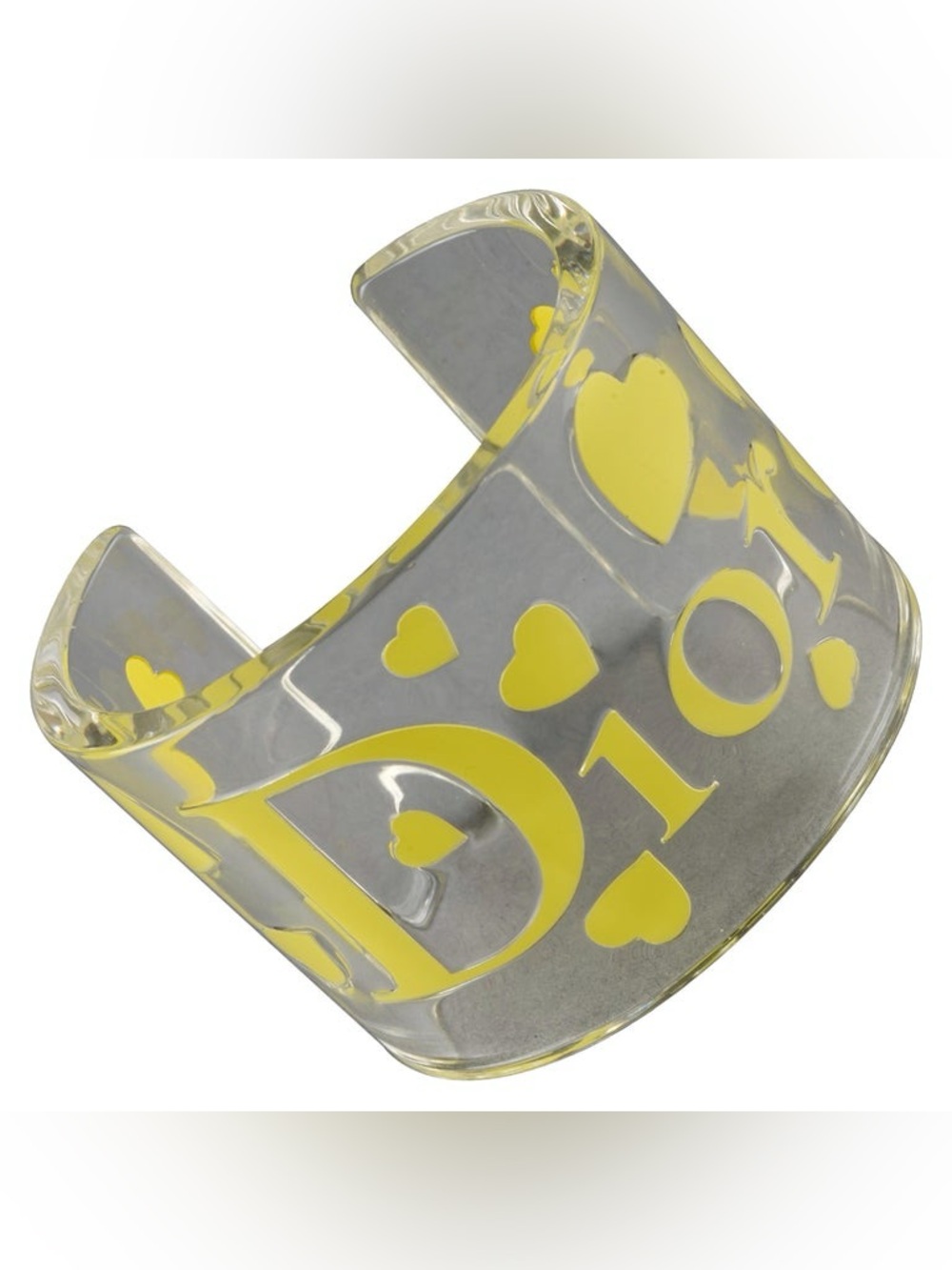 christian dior vintage clear lucite yellow heart logo cuff bracelet | sm/med